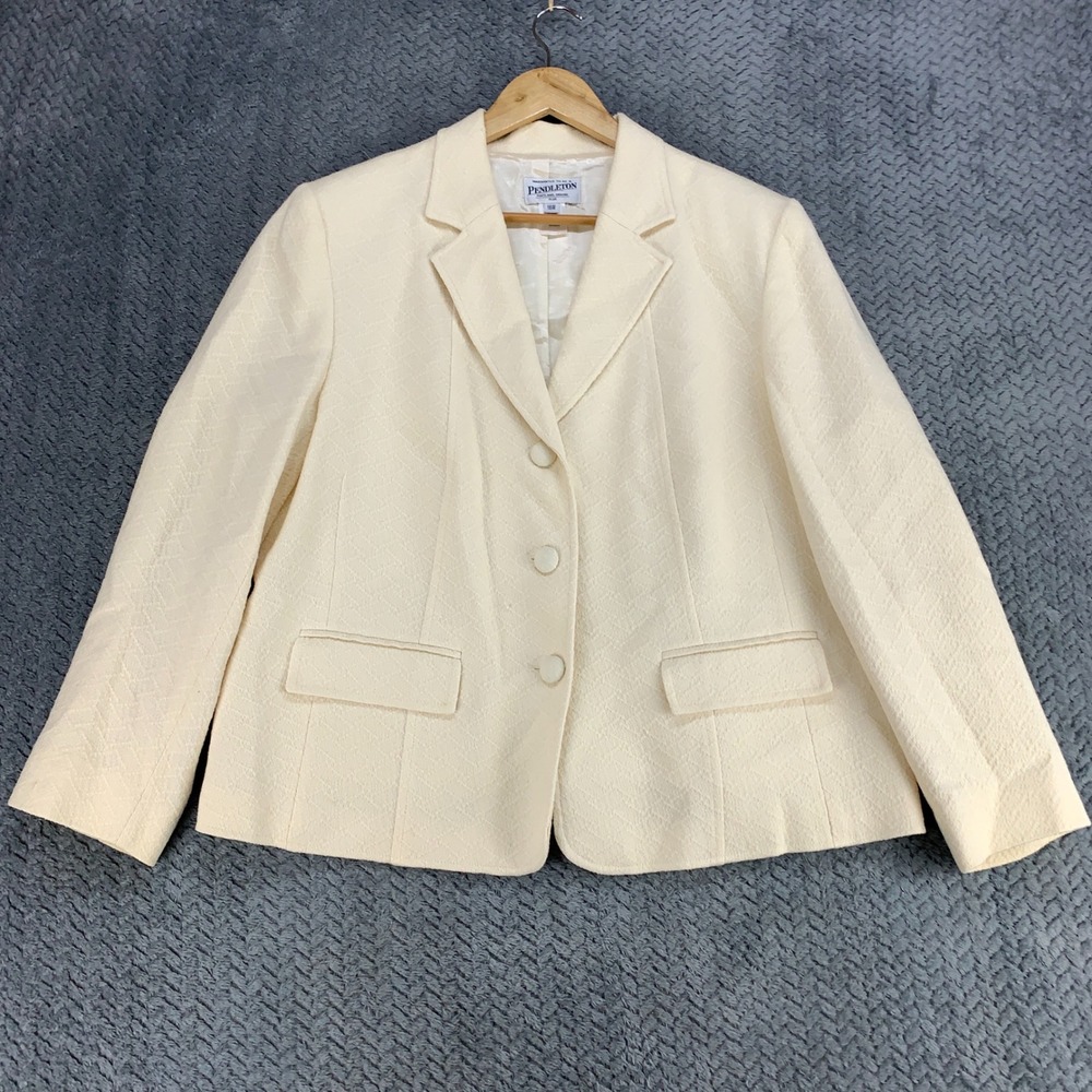 Pendleton Blazer Women's 16W Cream Wool Blend Jacquard 3 Button Jacket Vintage